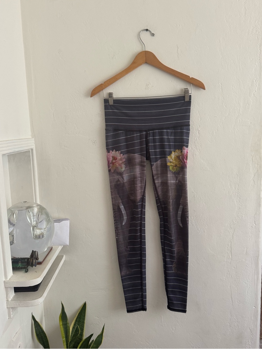 Teeki Gray Striped Leggings with Floral Elephant Print